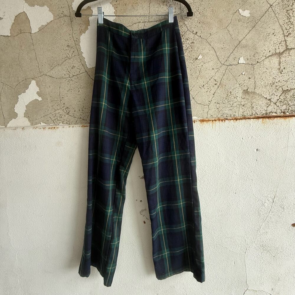 Brandy Melville Plaid Straight Leg Trousers Navy Green Preppy Pants Made Italy‎
